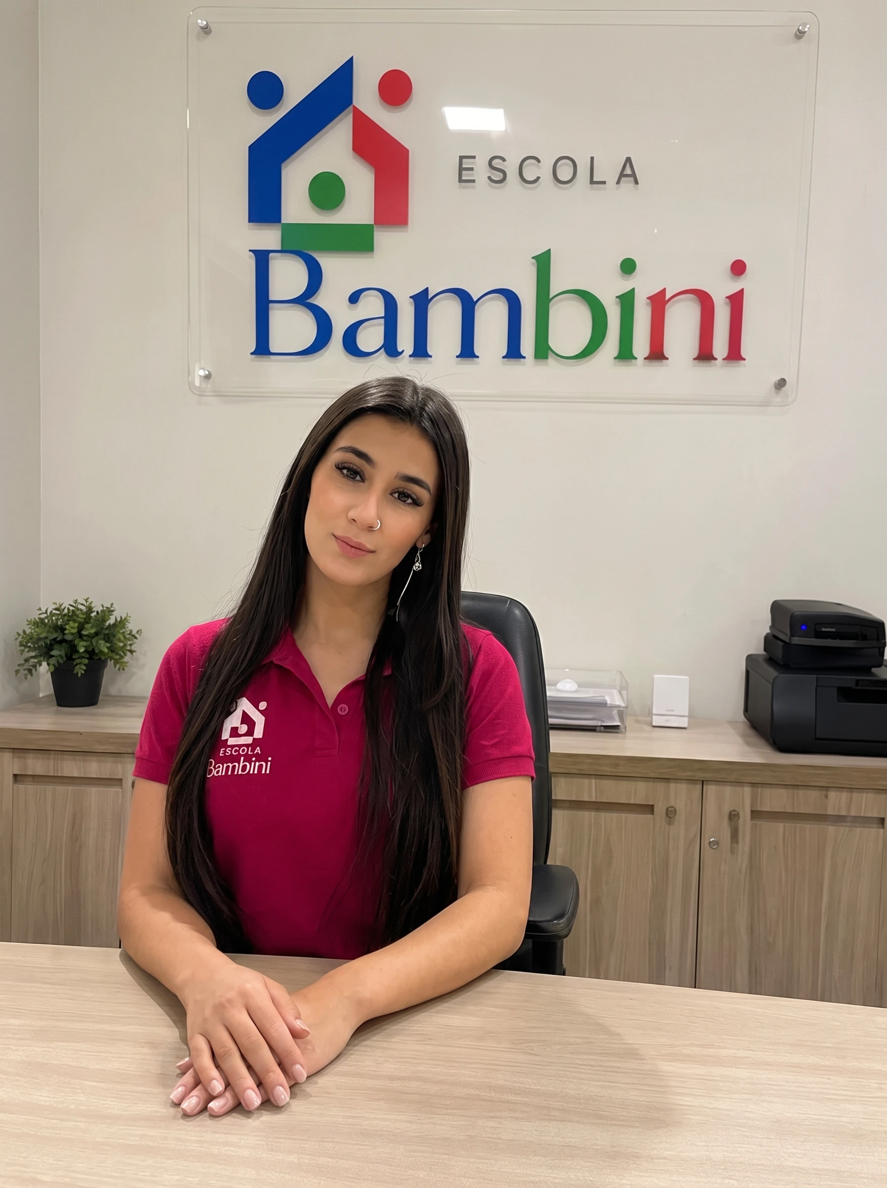 Athievelle, recepcionista da Escola Bambini, na recepção da escola