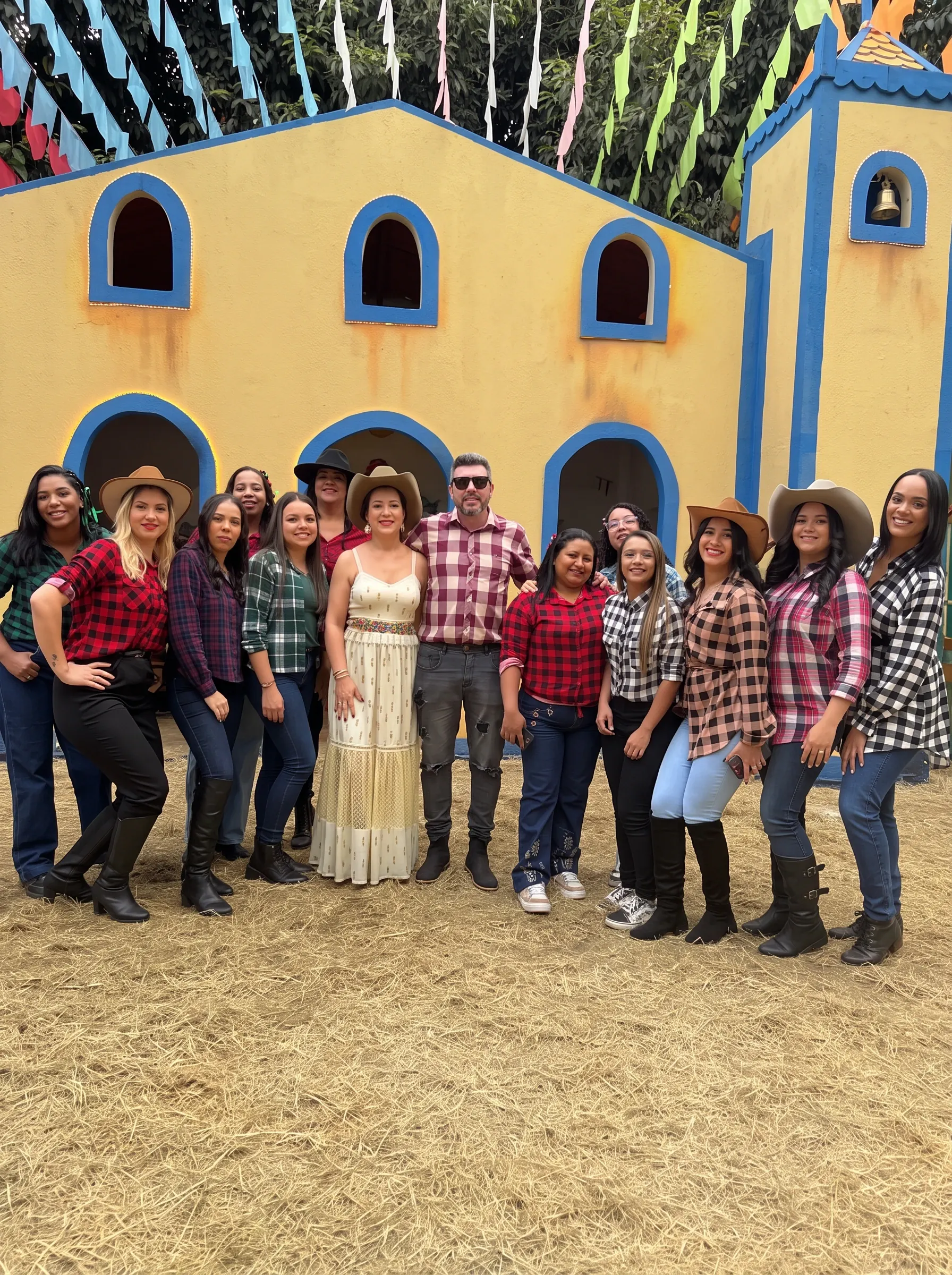 Foto de grupo da equipe geral da Escola Bambini, vestindo roupas temáticas de festa junina, em frente a um cenário de igreja
